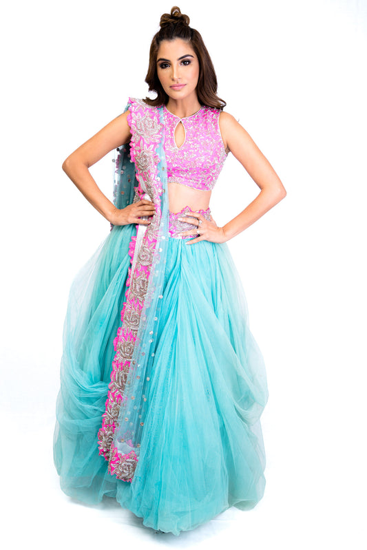 Pink and Blue Floral Lengha