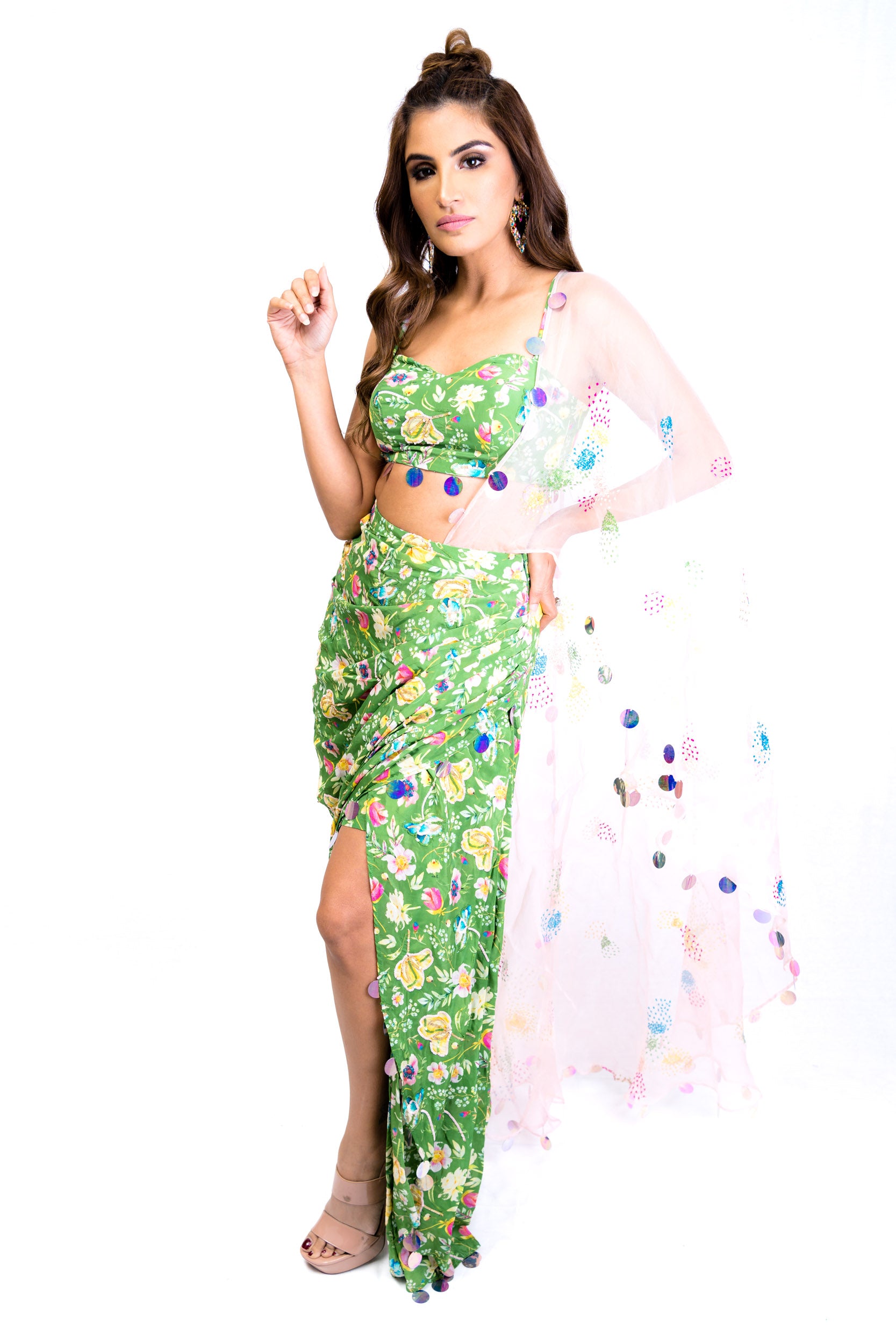 Green and Floral Printed Dhoti