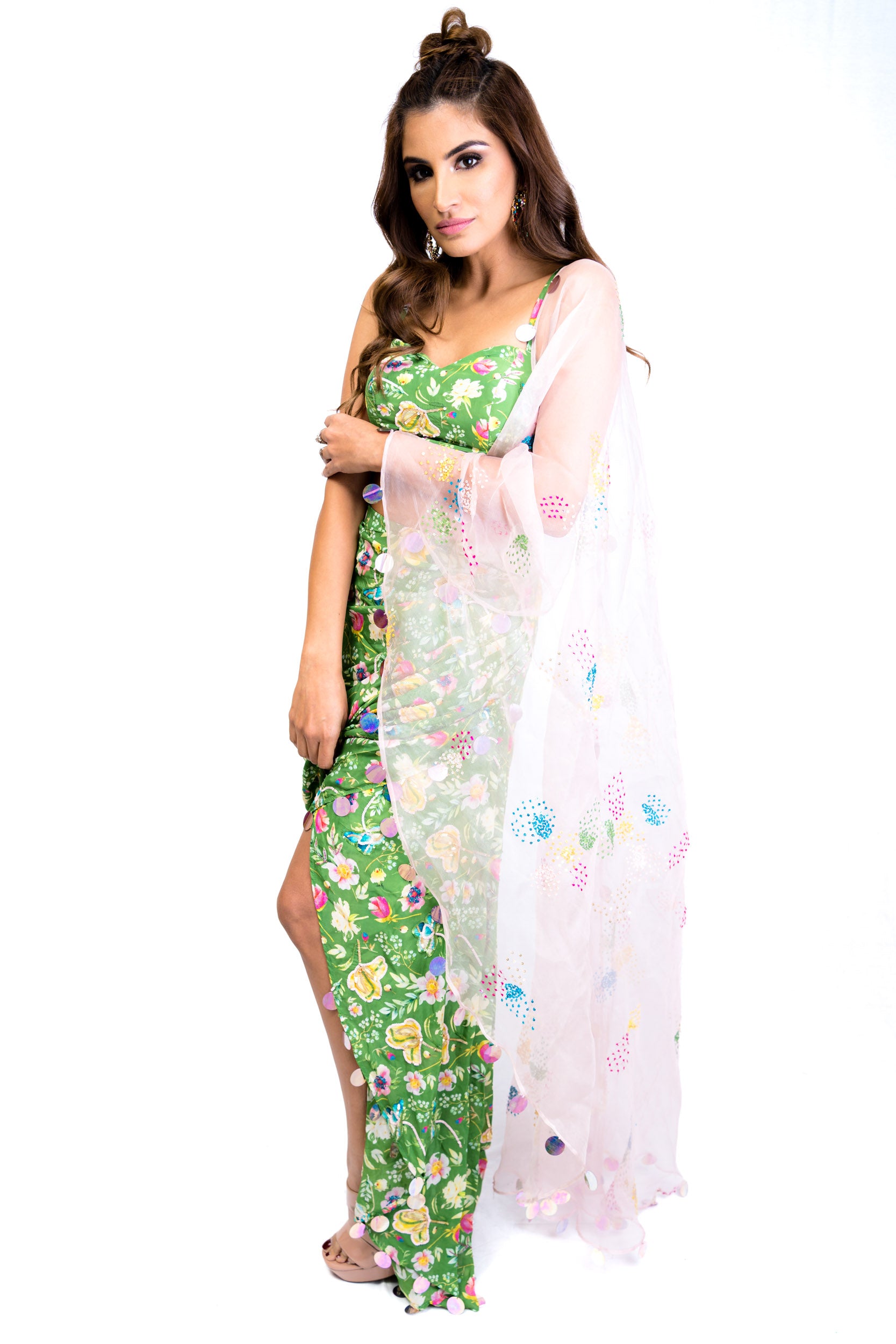 Green and Floral Printed Dhoti
