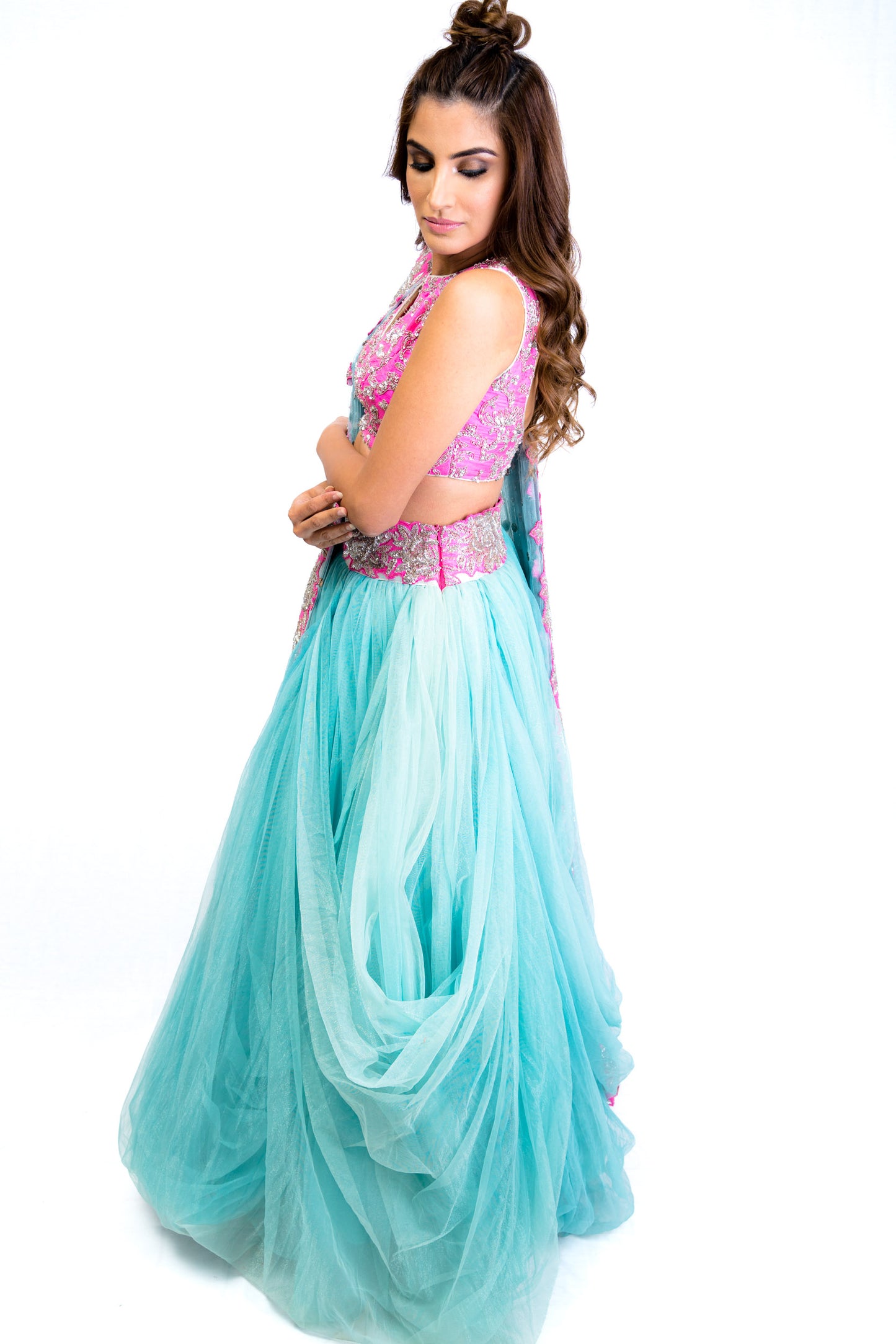 Pink and Blue Floral Lengha