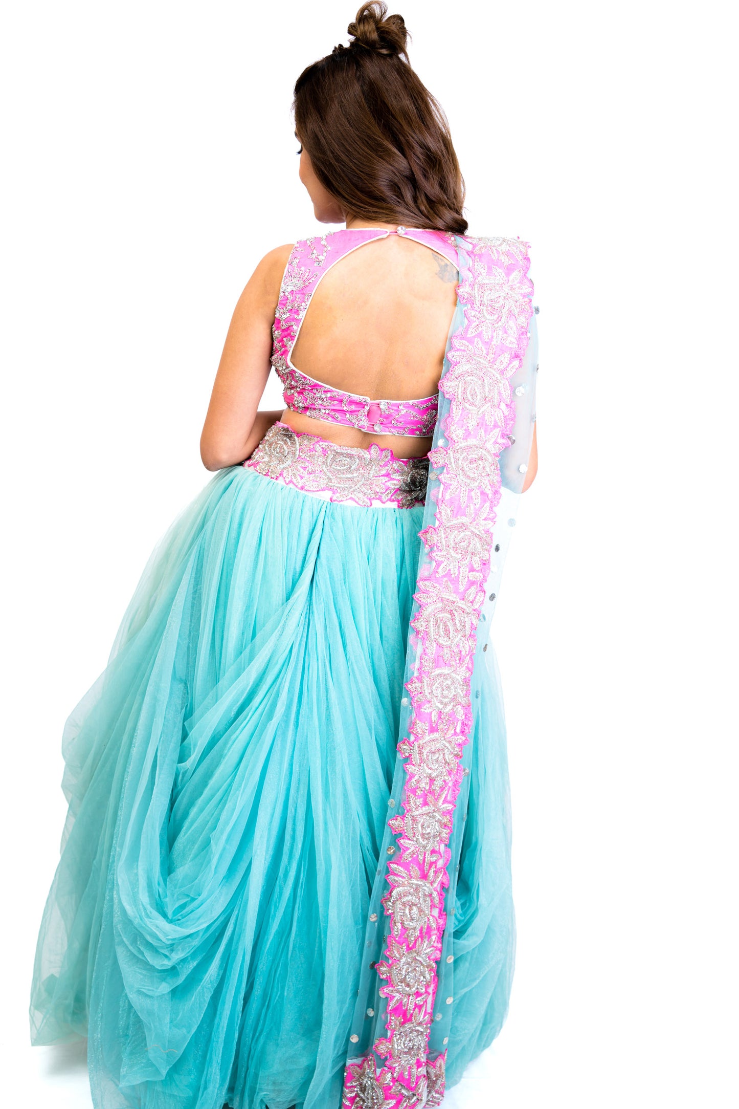 Pink and Blue Floral Lengha