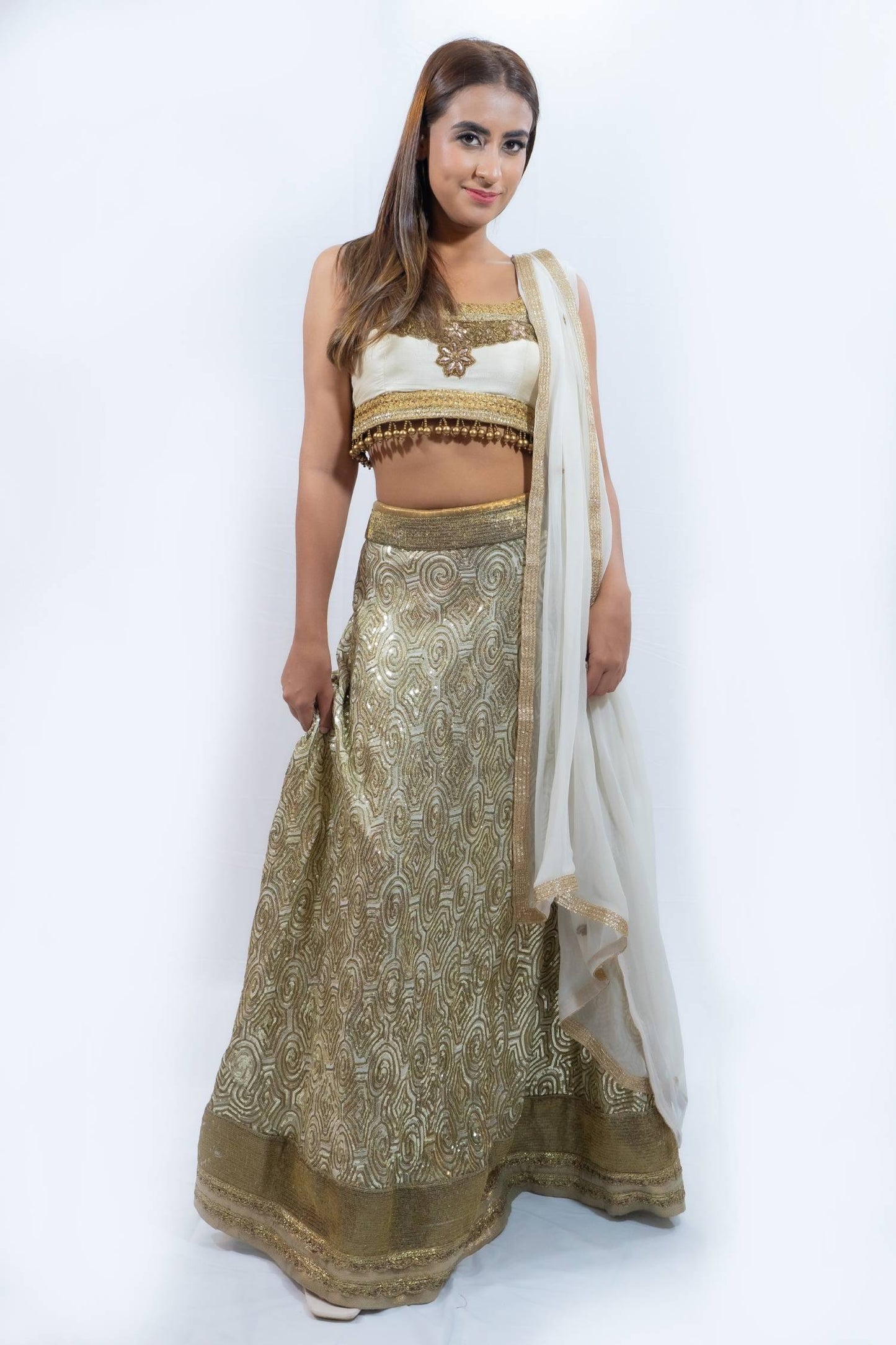 White and gold sequin lengha Indian outfit rental in Bangkok