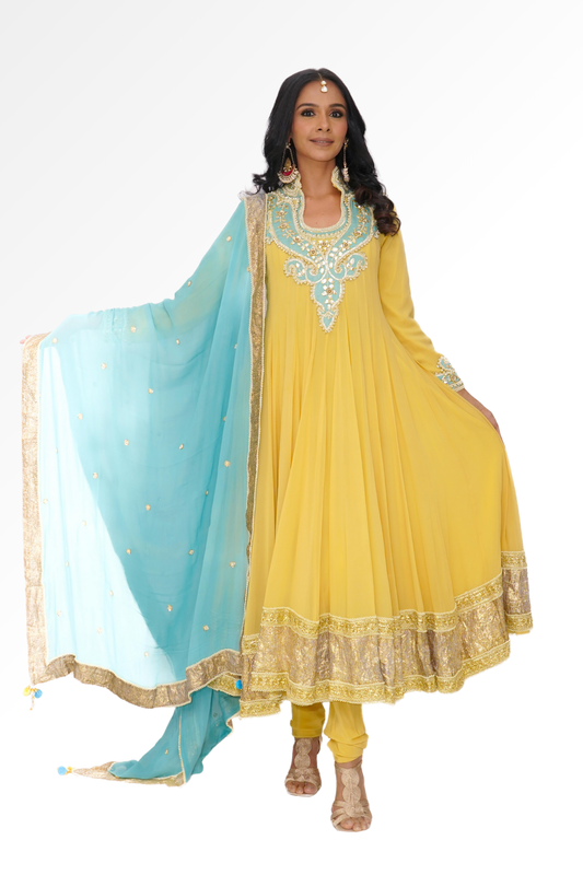 Yellow and blue anarkali for rent A Saree Story