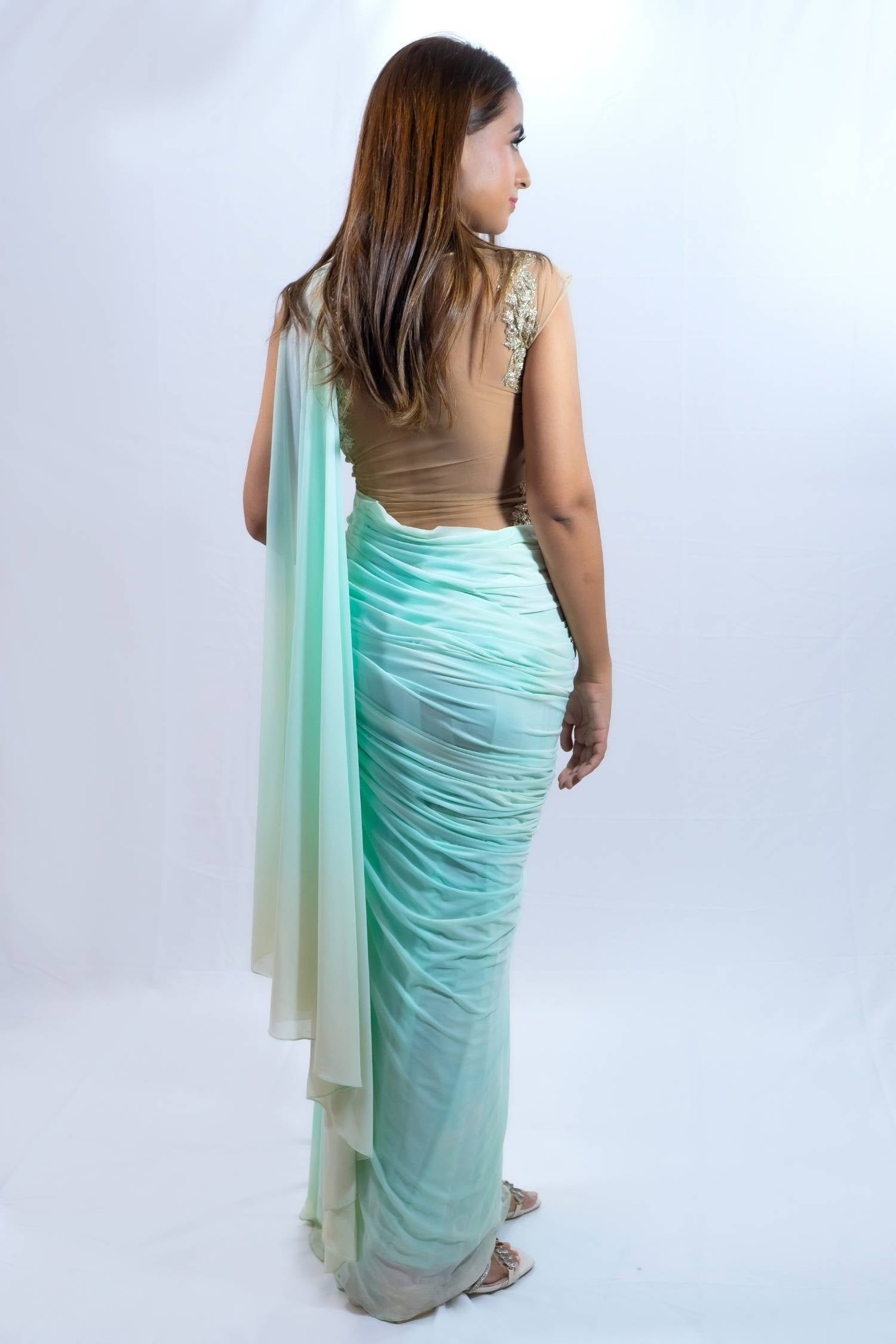 Mint green fusion saree gown Indian outfit rent Bangkok