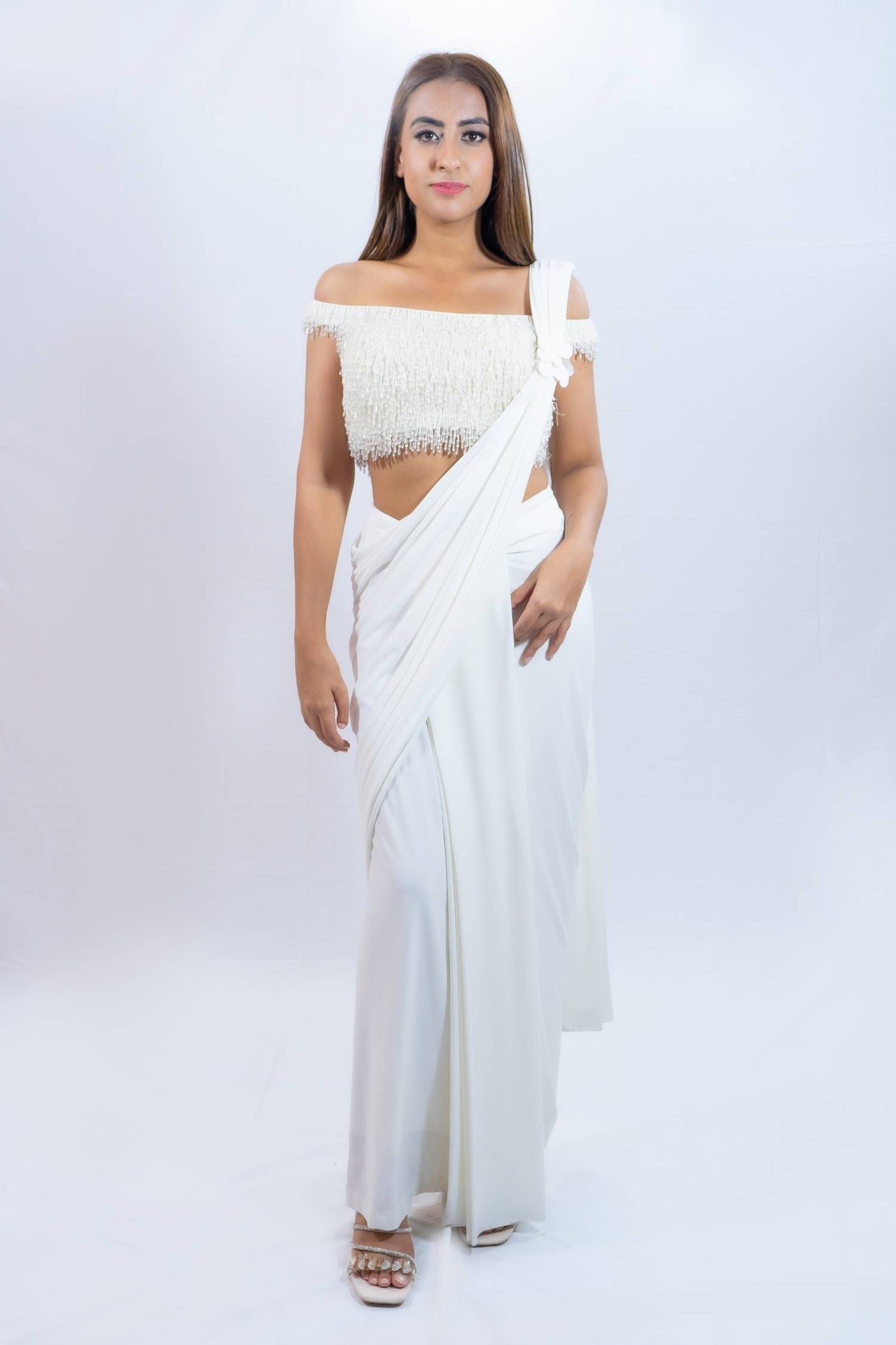 White beaded off shoulder saree Rent Indian clothes in Bangkok Thailand 
