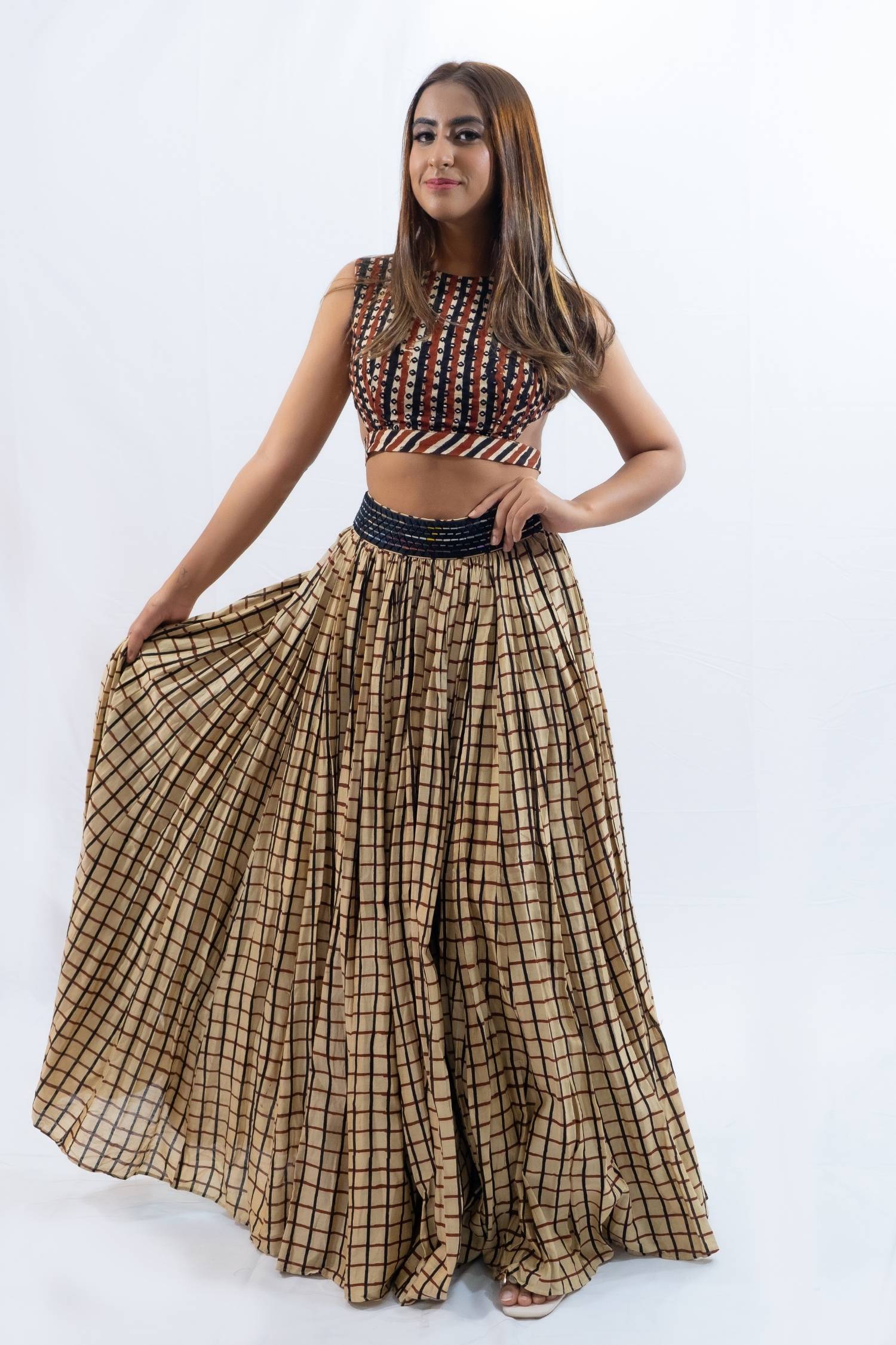 Geometric print ethnic lengha Indian outfit rental in Bangkok