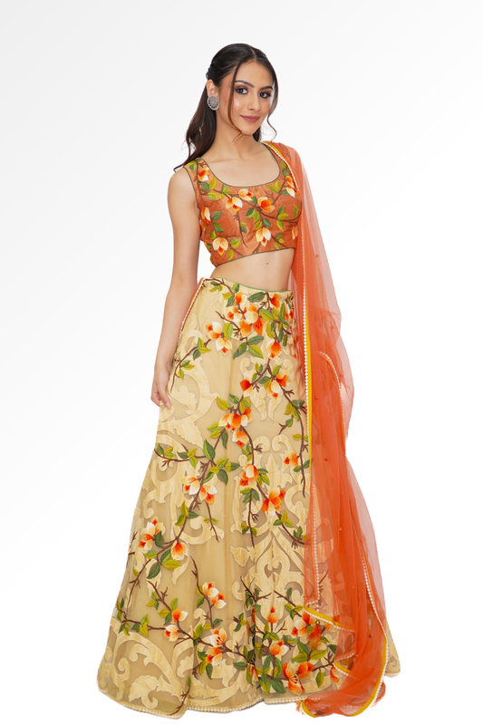 Orange floral lengha for rent A Saree Story