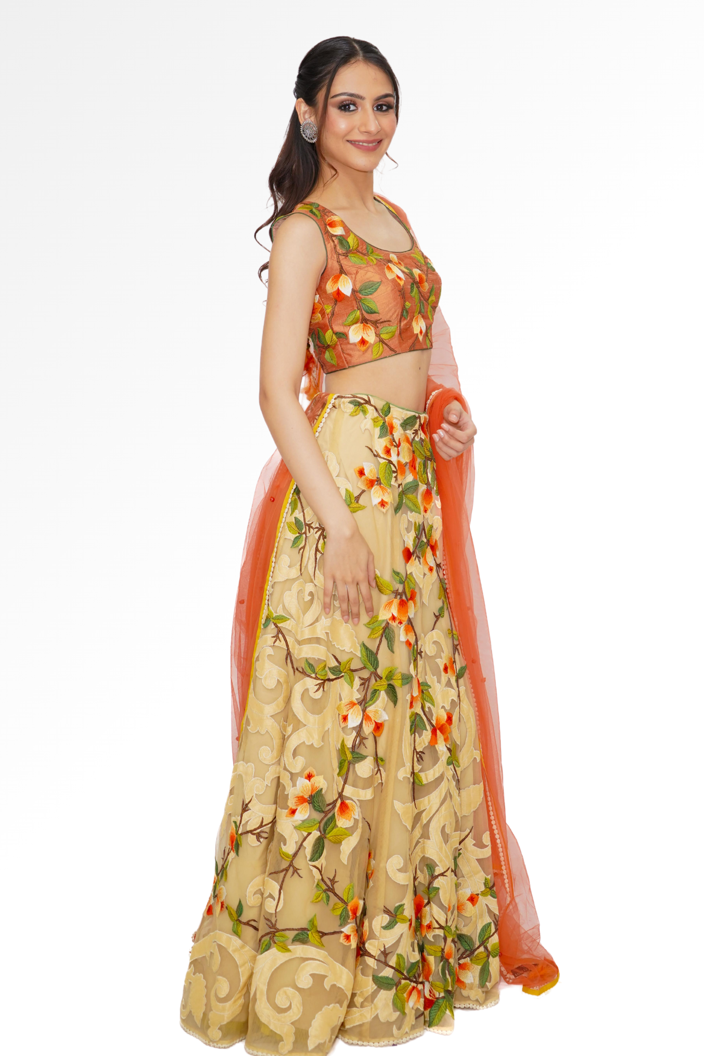Orange floral lengha for rent A Saree Story