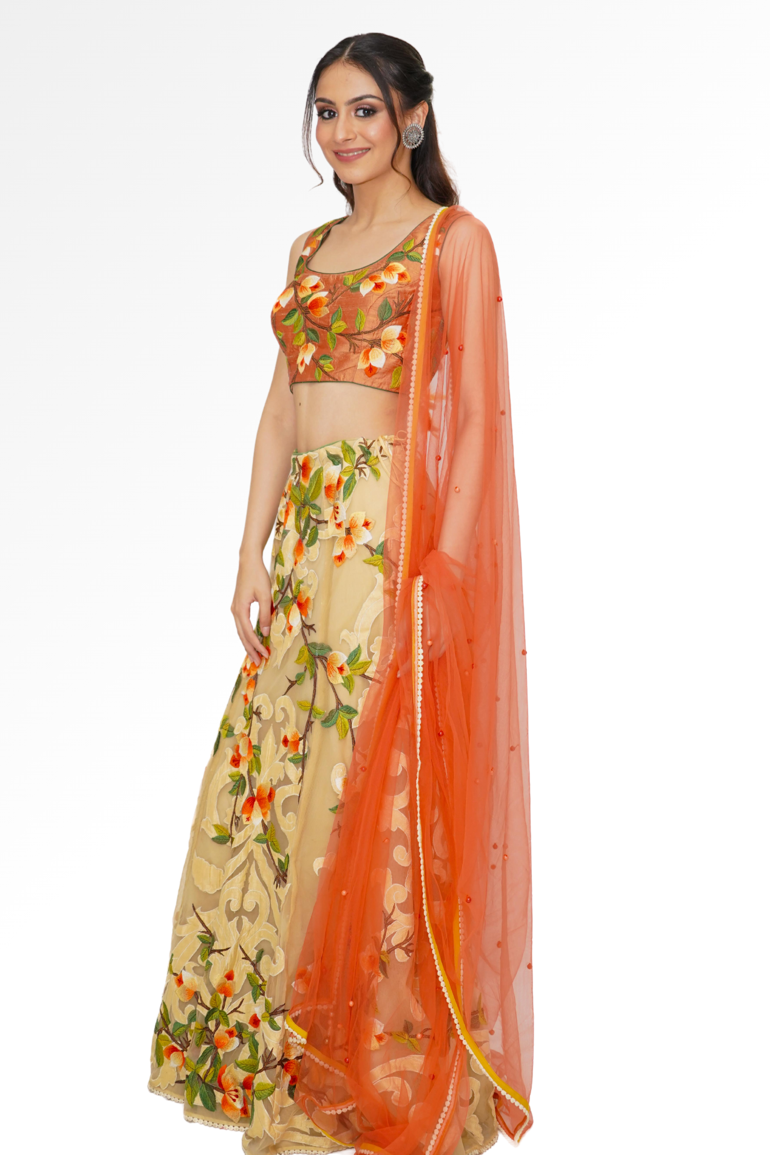Orange floral lengha for rent A Saree Story