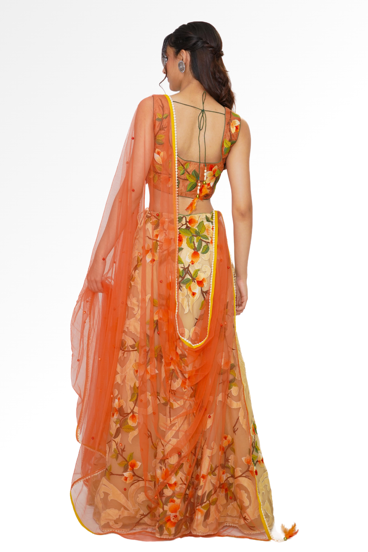 Orange floral lengha for rent A Saree Story