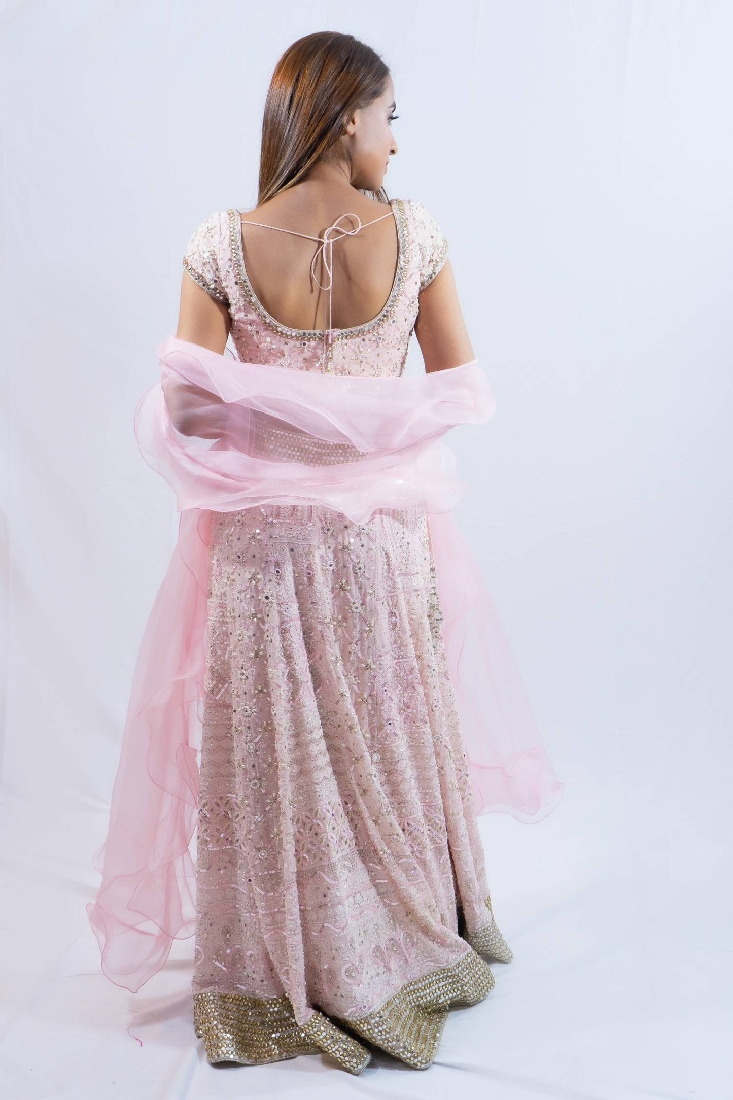 Blush pink mirror work lengha rent Indian clothes in Bangkok