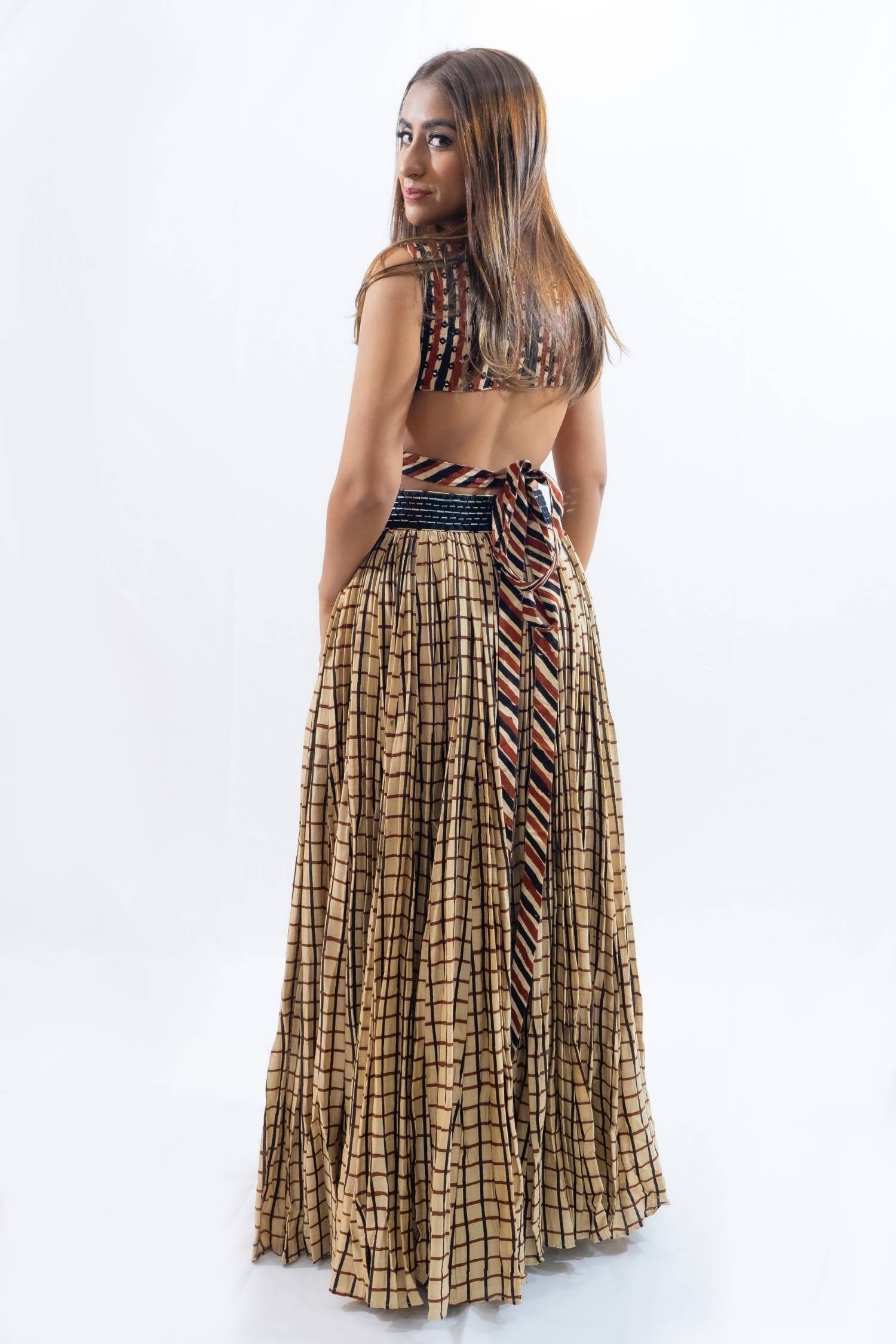 Geometric print ethnic lengha Indian outfit rental in Bangkok