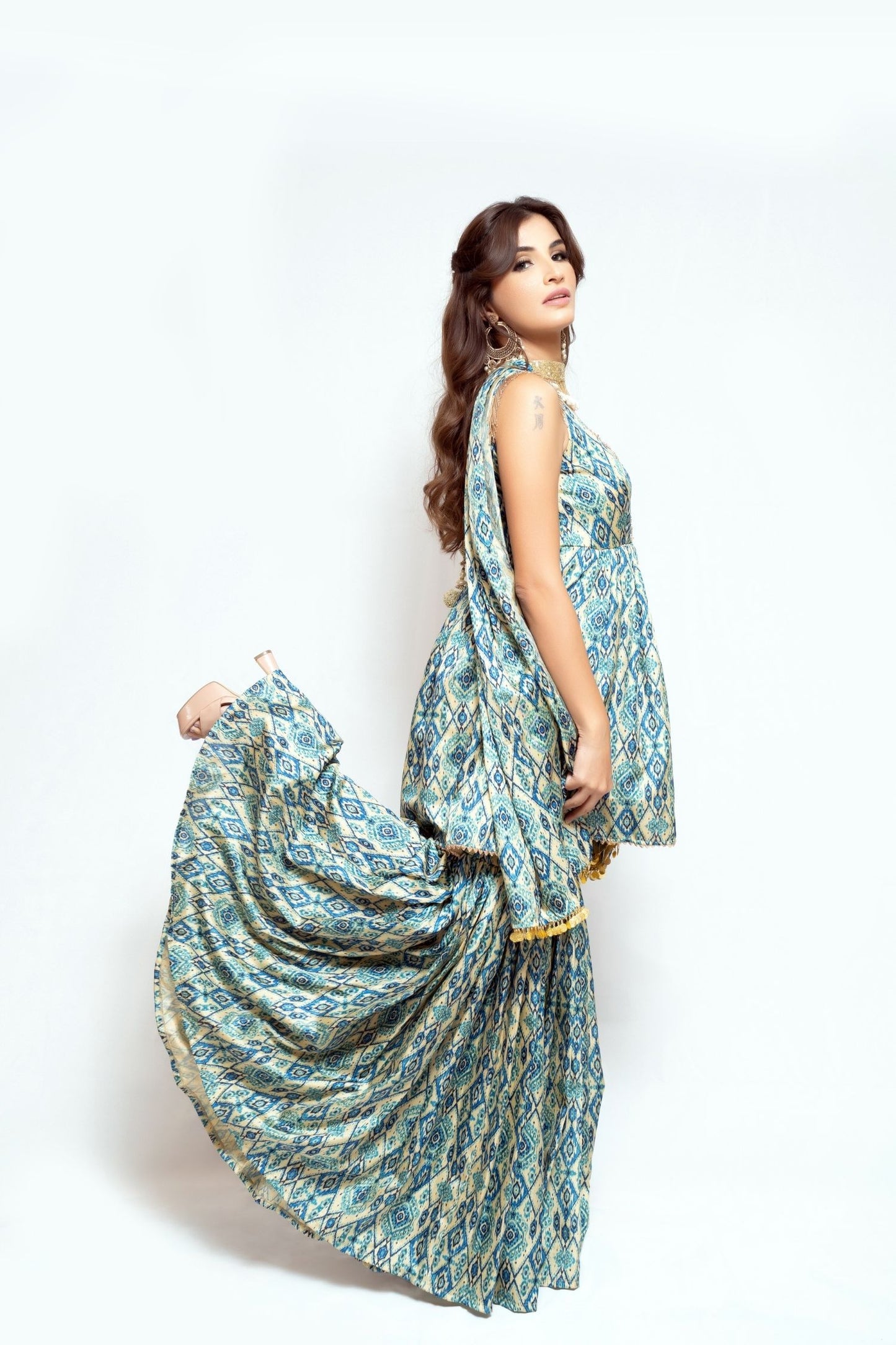 Blue printed peplum sharara