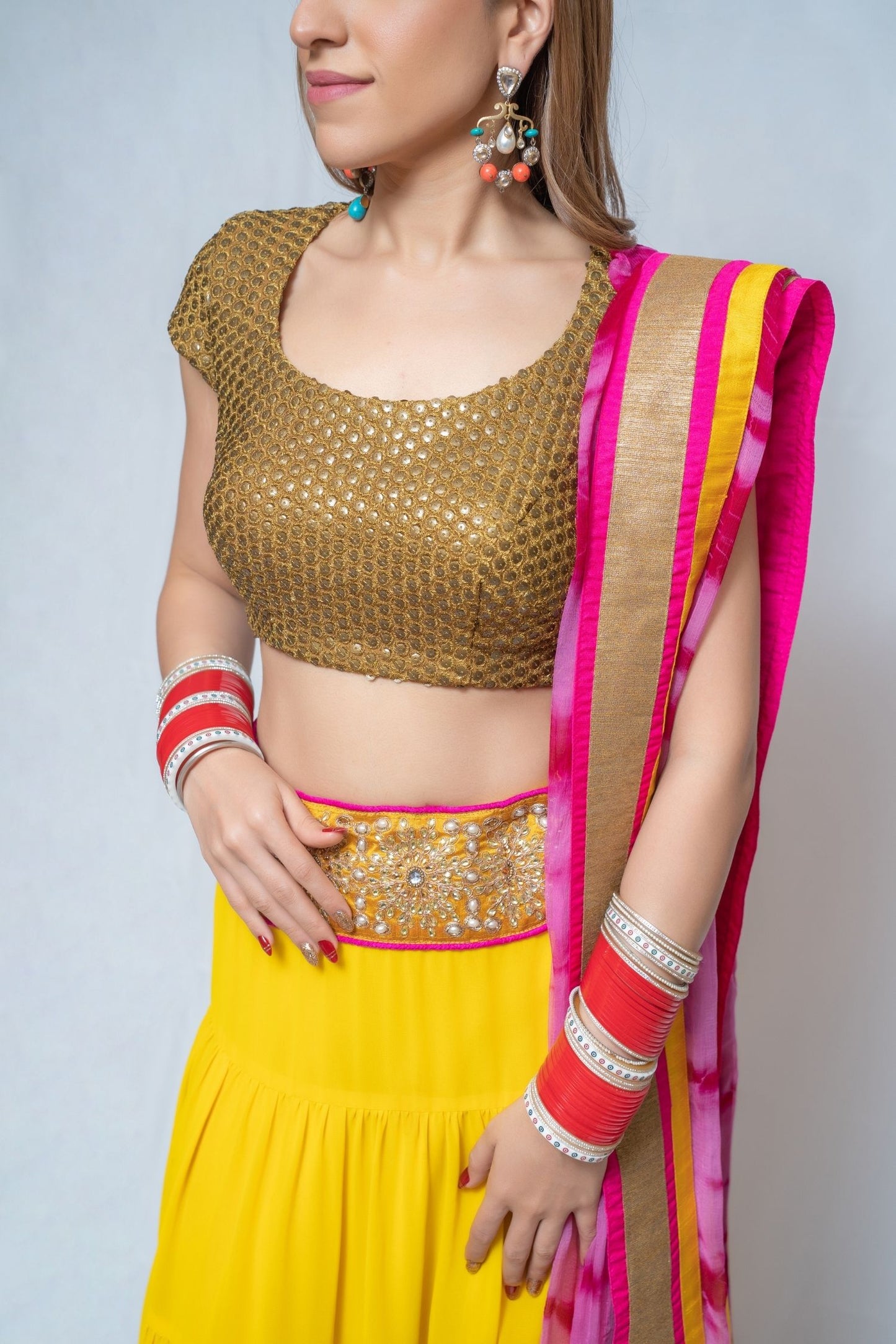 Gold, Mustard and Magenta Lengha