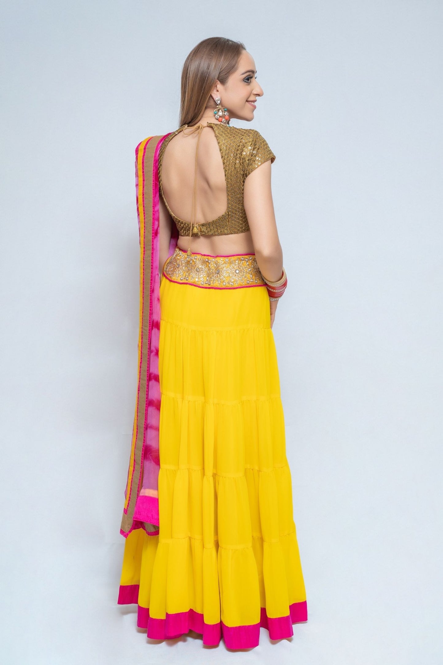 Gold, Mustard and Magenta Lengha