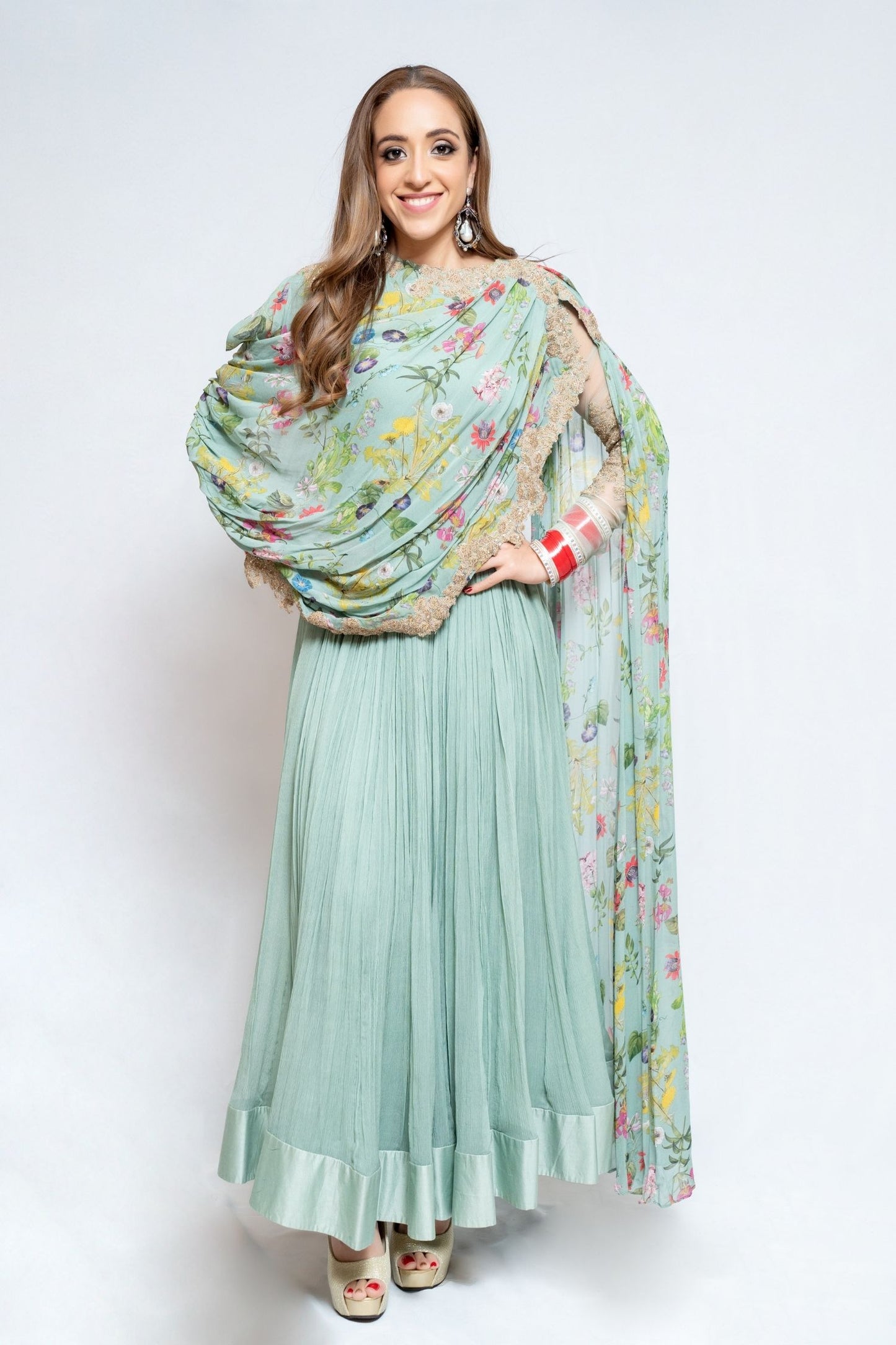 Mint Green Floral Poncho Anarkali Gown