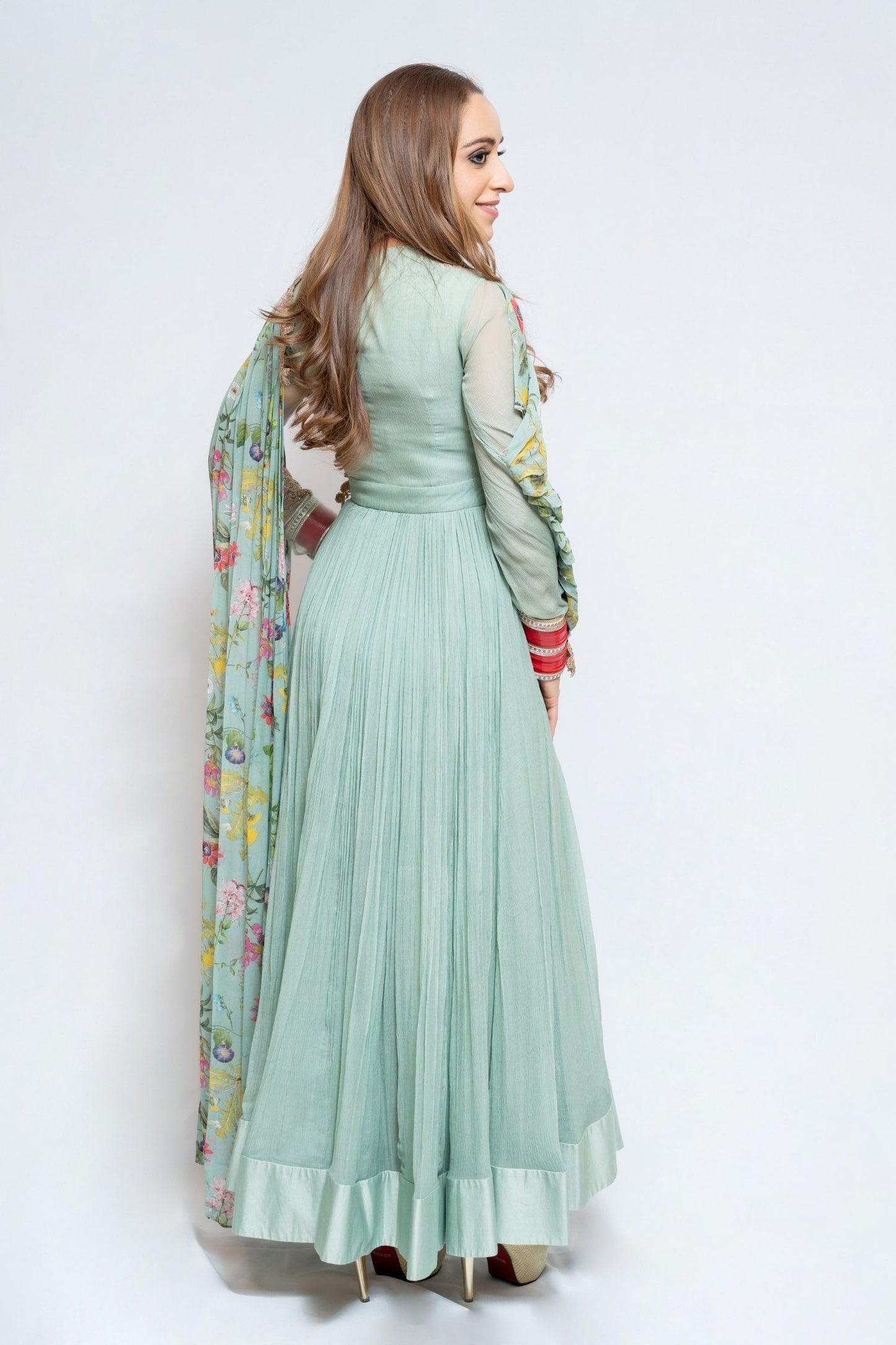 Mint Green Floral Poncho Anarkali Gown