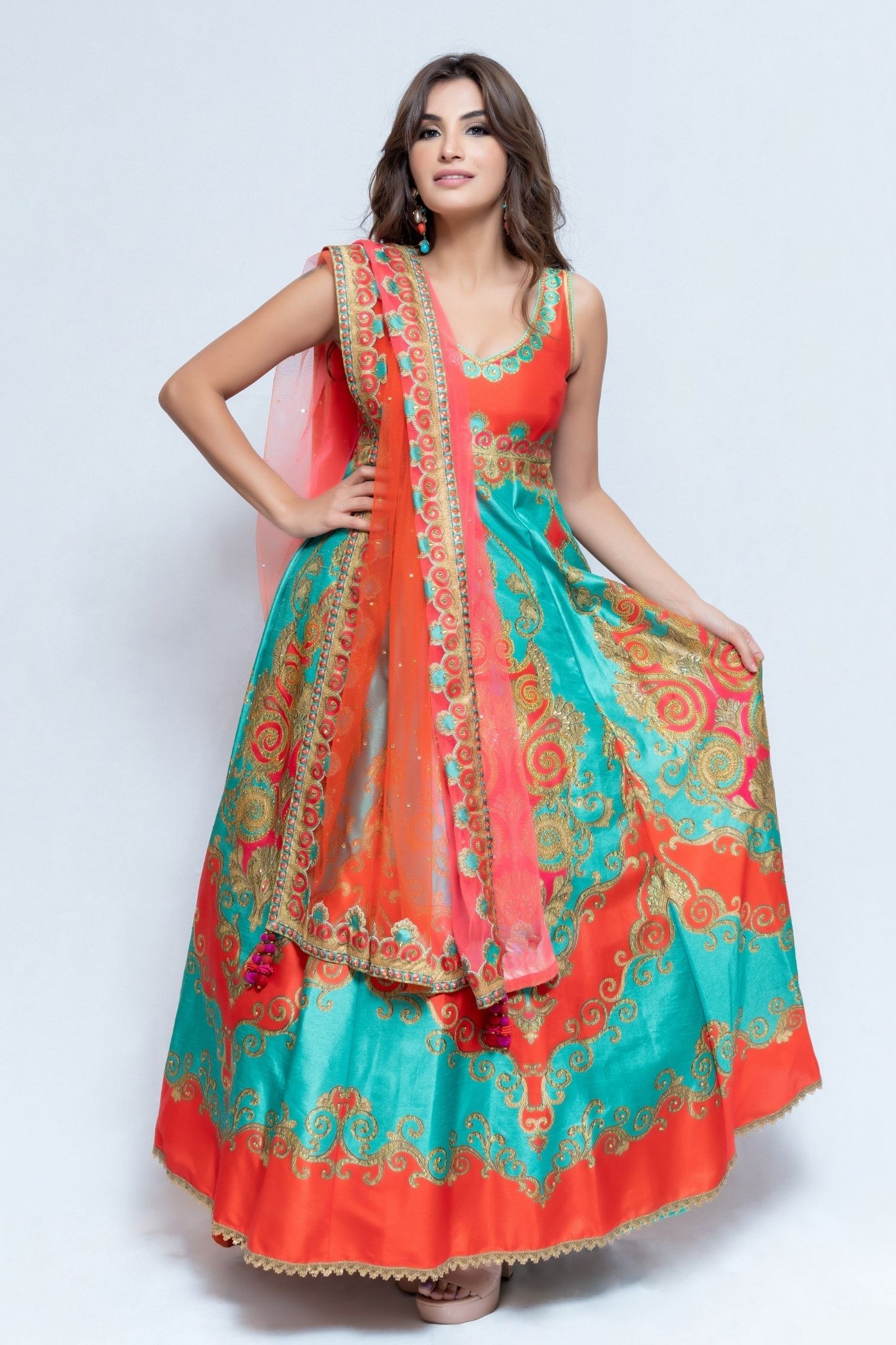 Coral Red and Green Anarkali