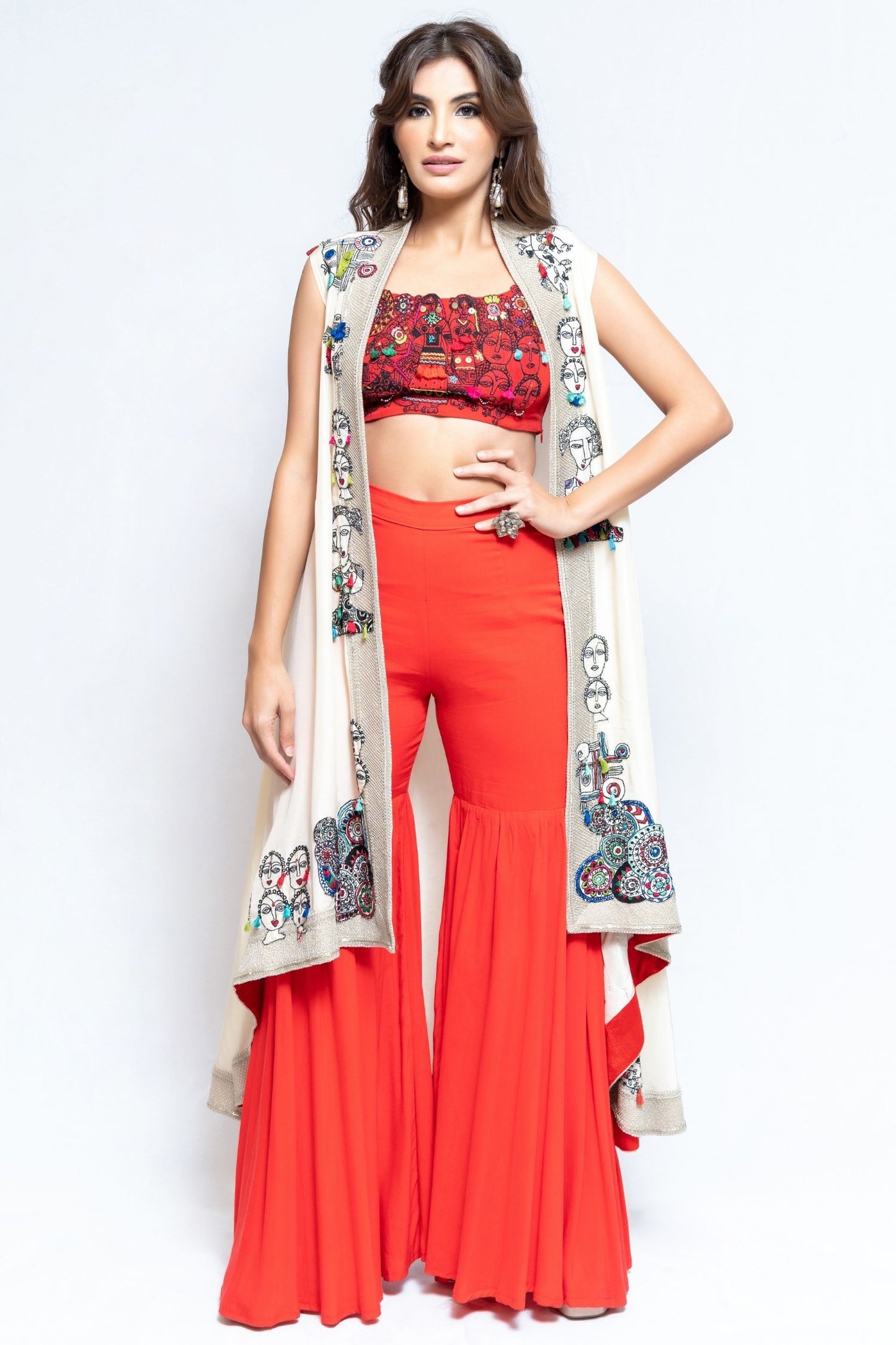 Red and White Tribal Sharara