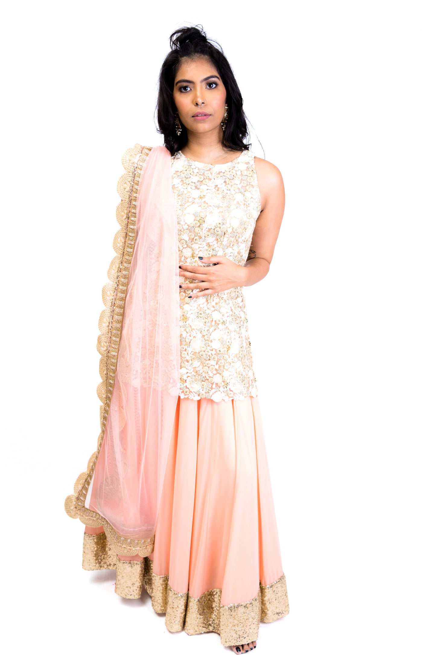 Coral Pink and Ivory Long Top Lengha