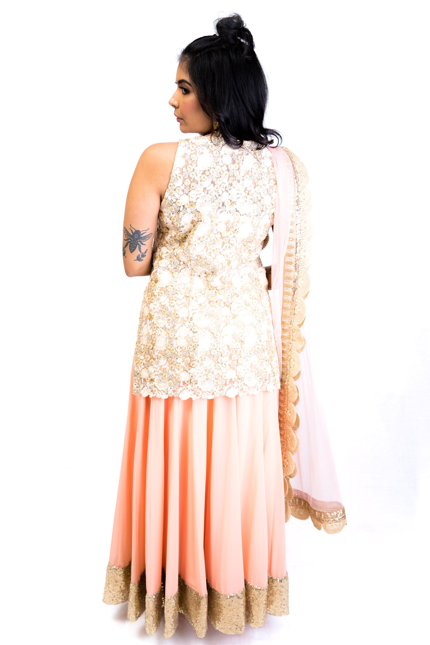 Coral Pink and Ivory Long Top Lengha