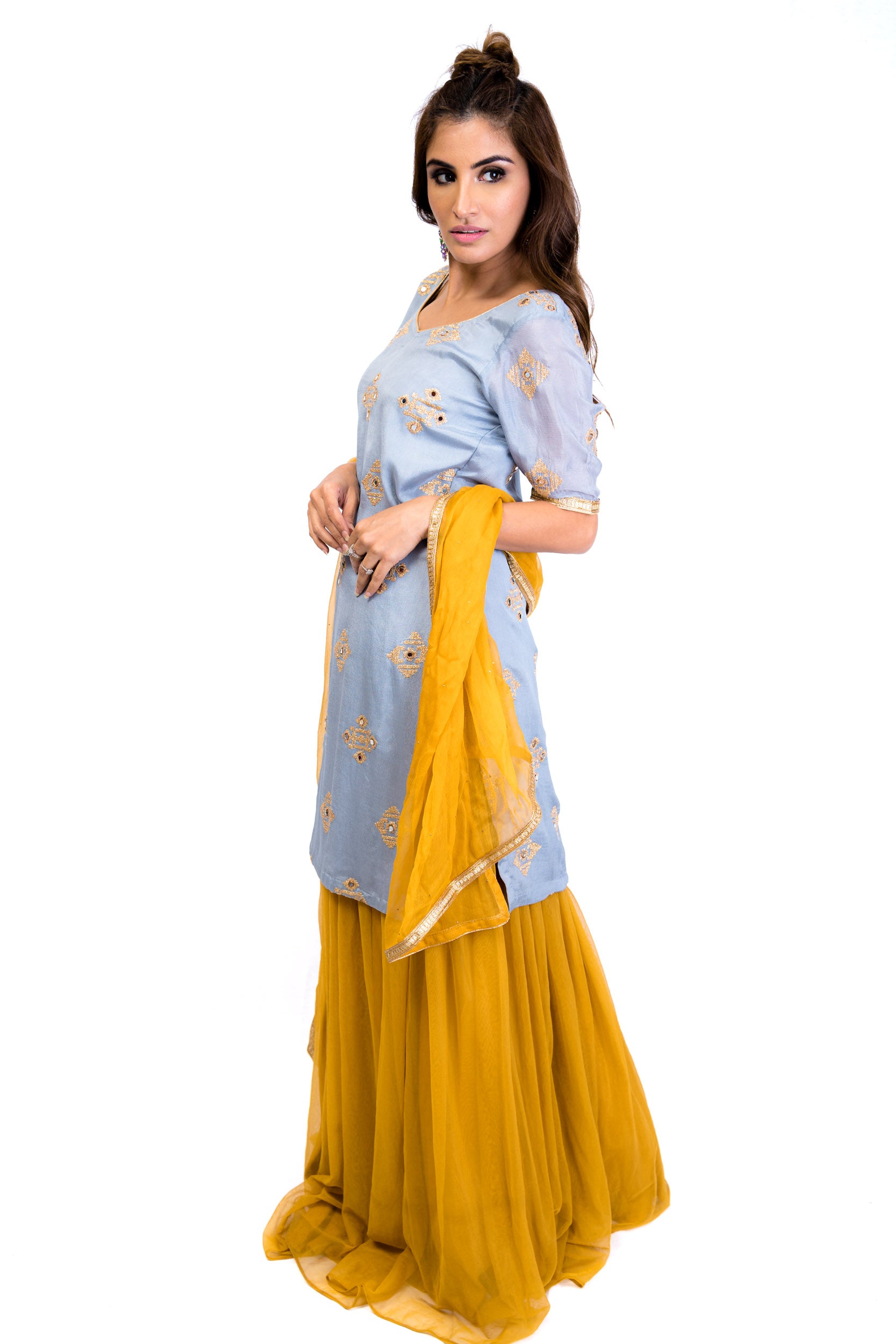 Pastel Blue and Mustard Lengha
