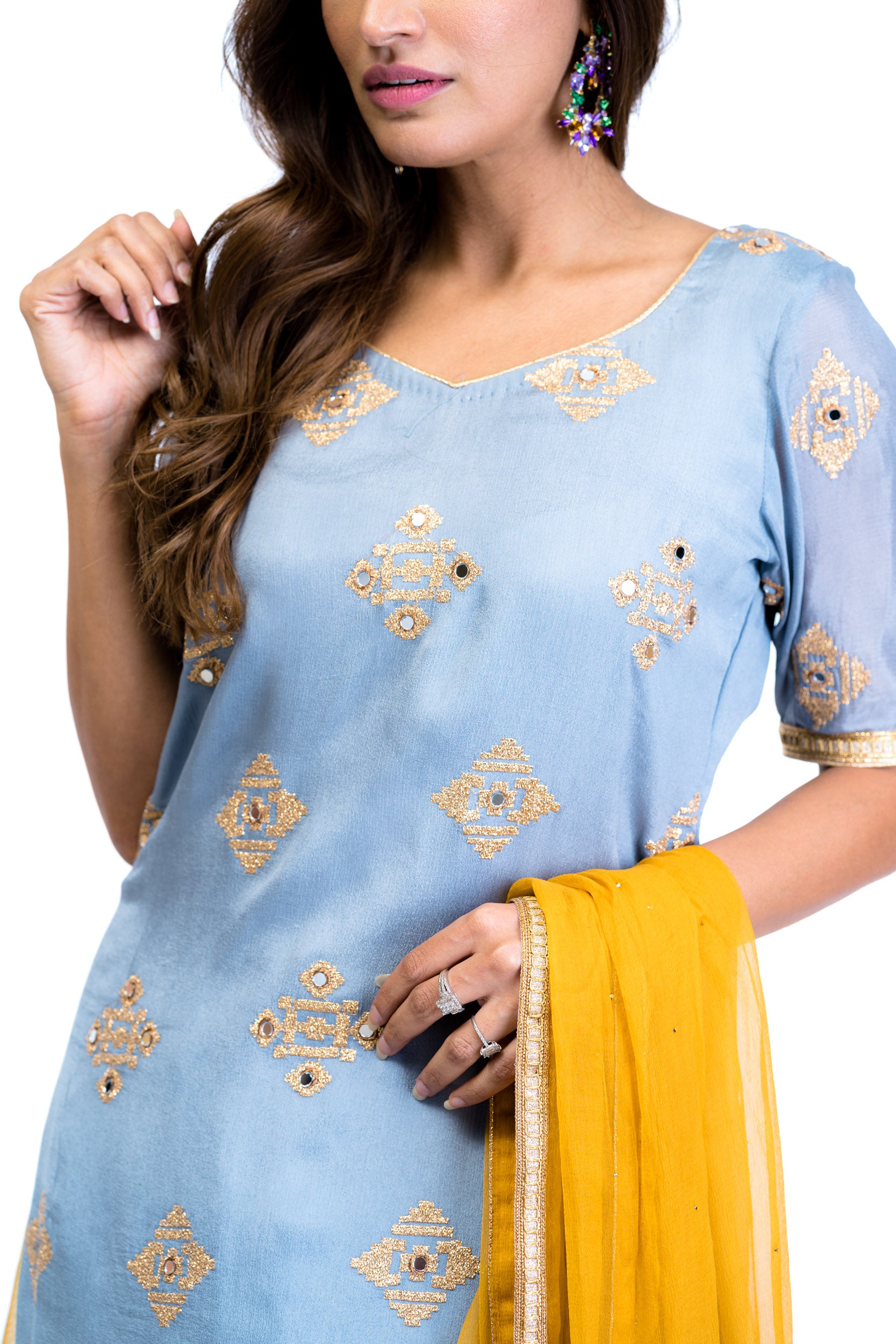 Pastel Blue and Mustard Lengha