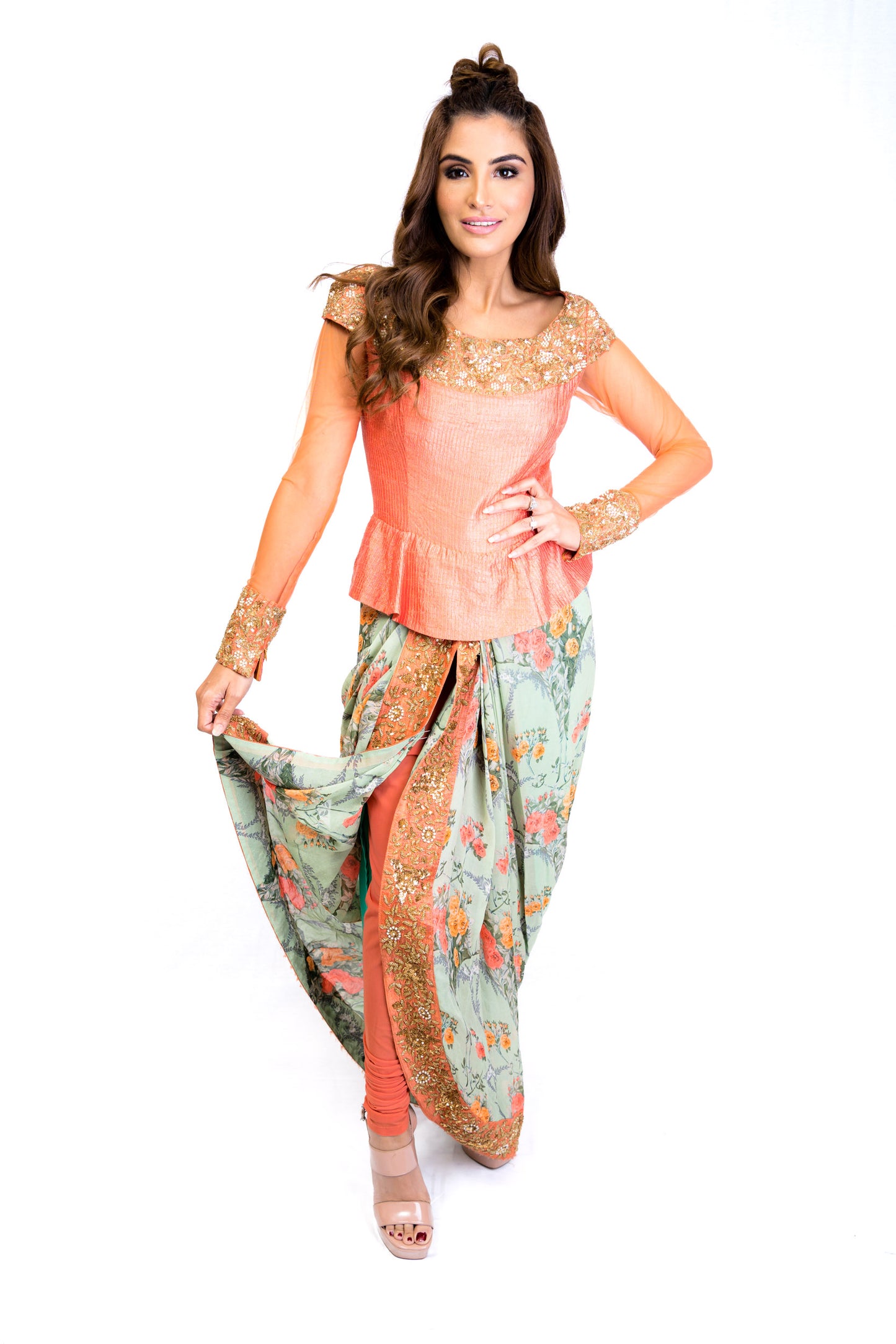 Peach and Blue Floral Dhoti