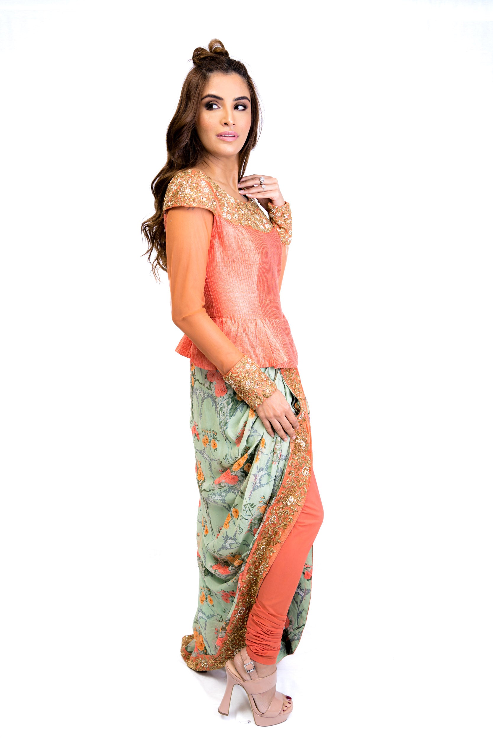 Peach and Blue Floral Dhoti