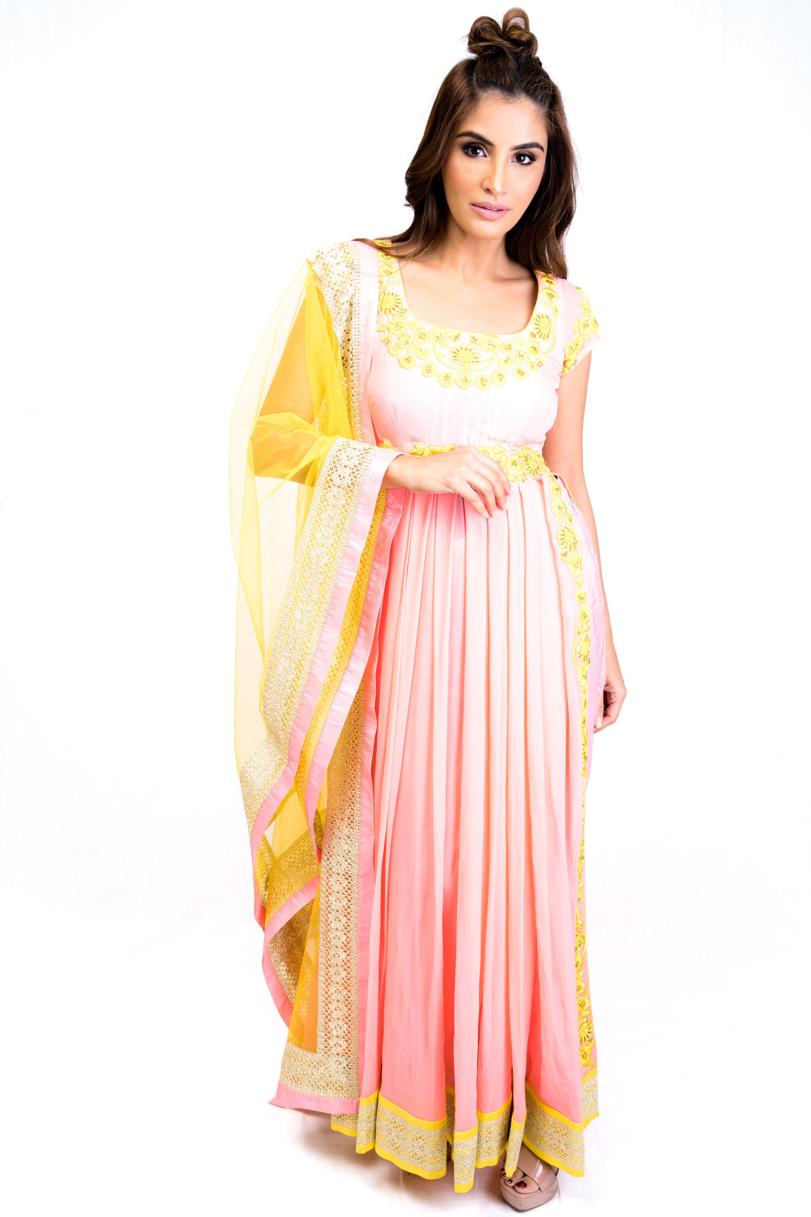 Pink and Yellow Floral Anarkali