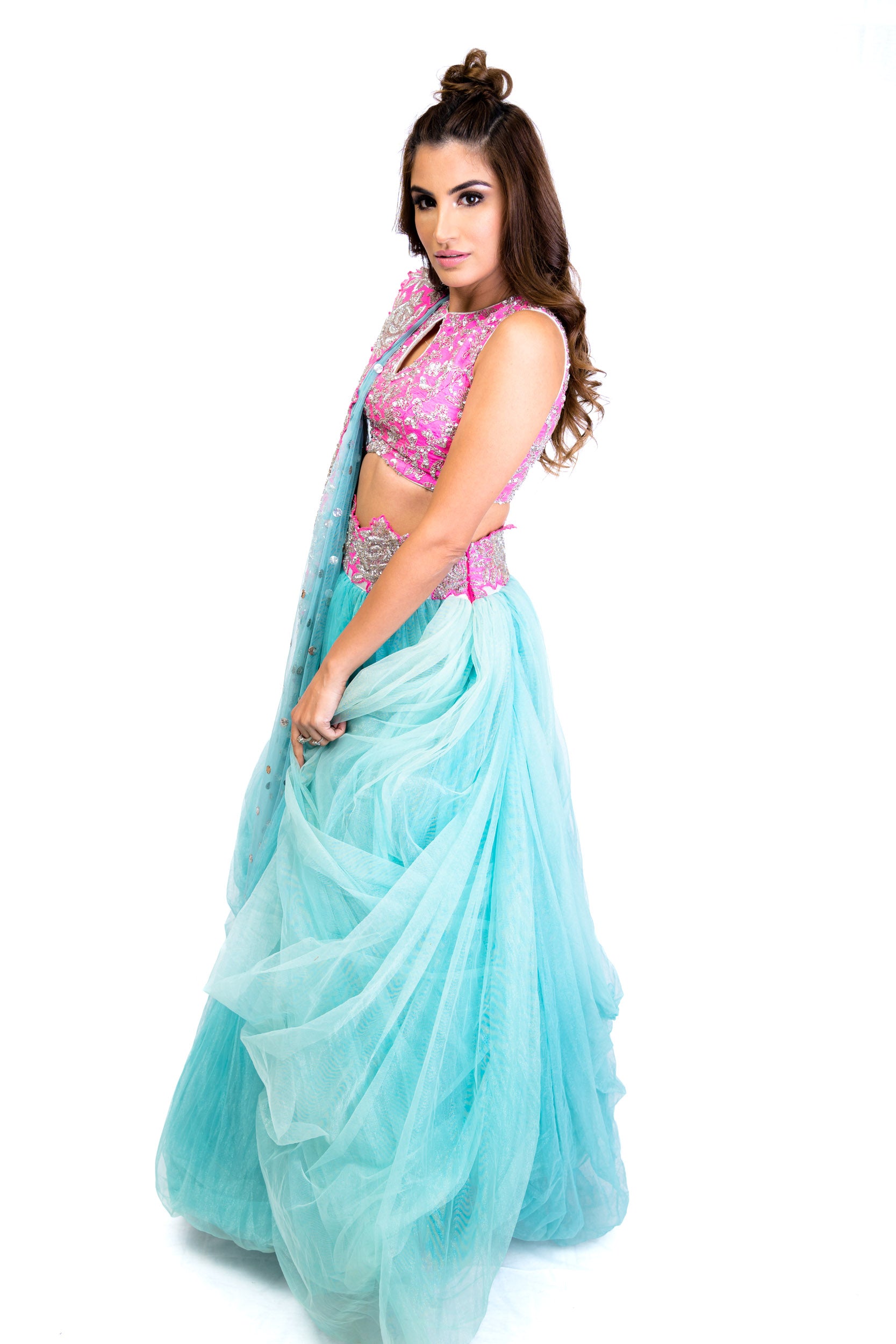 Pink and Blue Floral Lengha