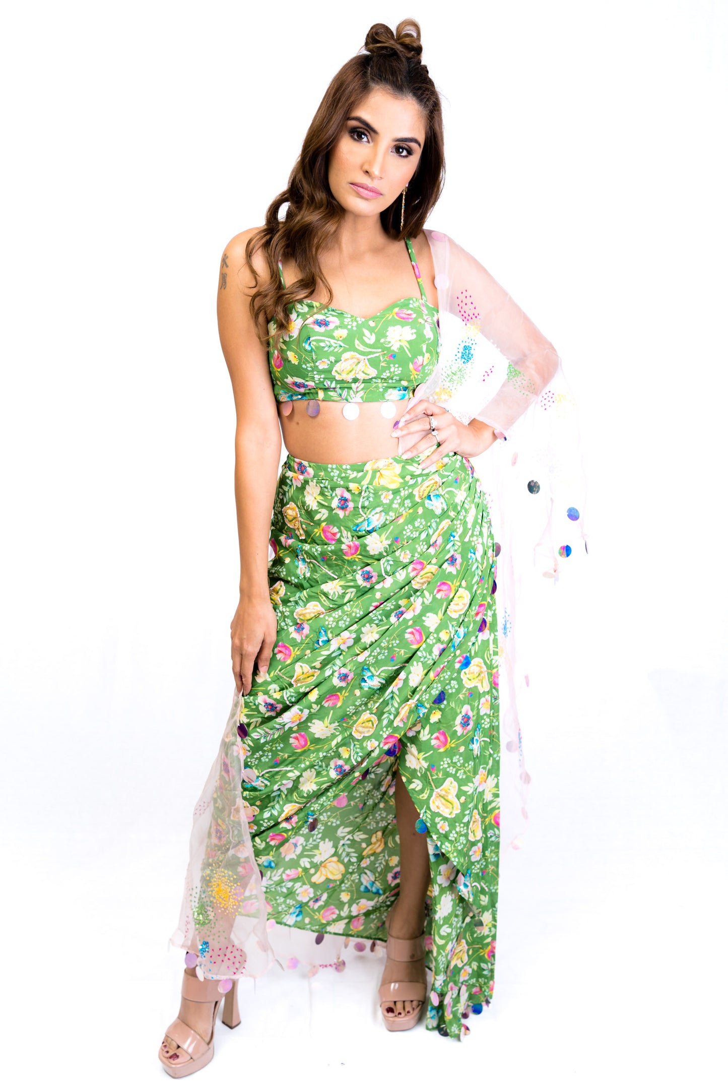 Green and Floral Printed Dhoti